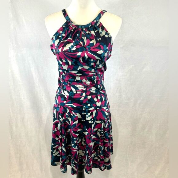 Julie Brown blue and pink abstract print banded waist halter dress size small - Picture 1 of 6